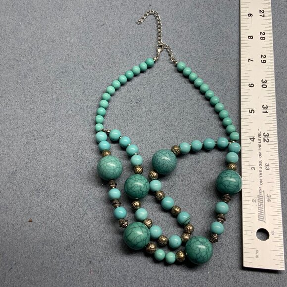 Double Strand Beaded Necklace 17 In Turquoise Crackle Silver Rose BoHo Statement - Picture 7 of 7